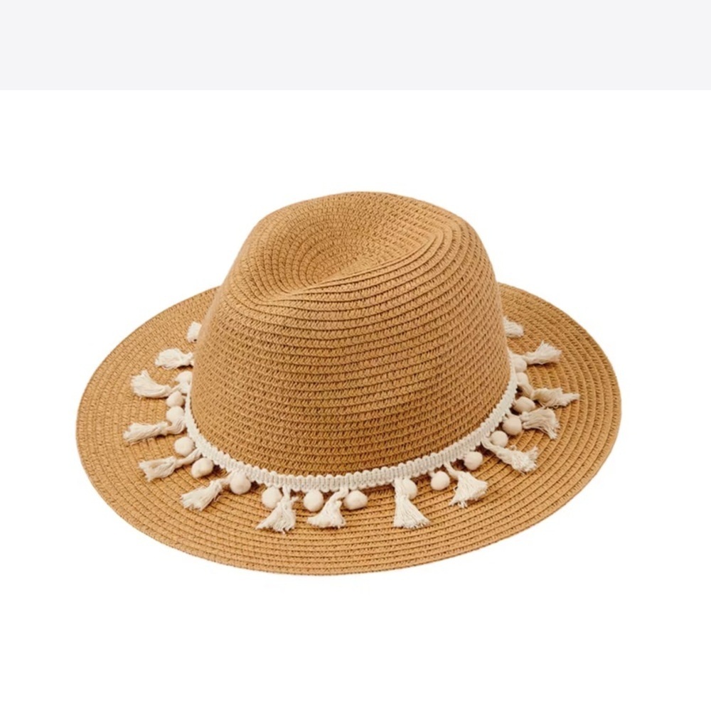 Tan Fedora Hat with Cream Shell Accents